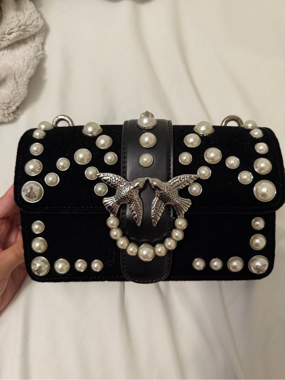 Pinko Black Velvet Crossbody with Pearl & Silver Bird Detail
